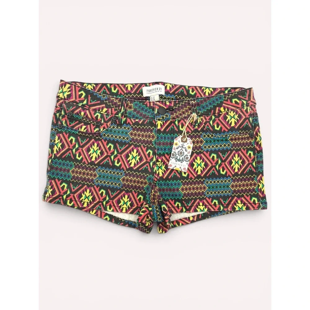 Forever 21 Denim Shorts 28‎ Black Multi Tribal Print Geometric Hipster Festival